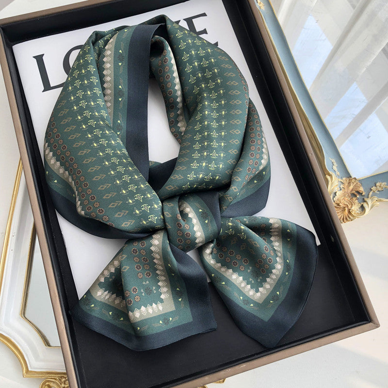 BCHICU Vintage Green Double Layers 150cm*16cm 100% Silk Scarf Neckerchiefs Long Section Thin Narrow Fluttering Belt