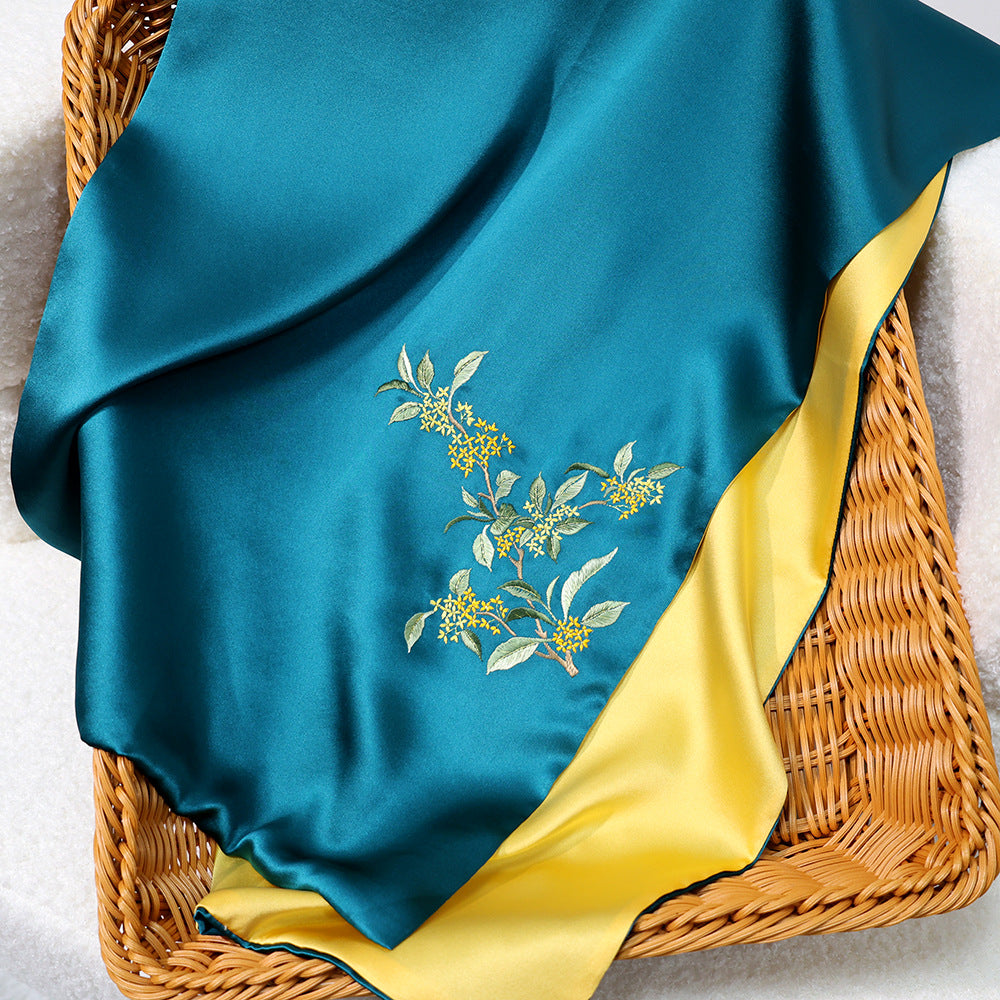 BCHICU Golden Laurel - Peacock Blue Gold 35cm*155cm 100% Silk Long Scarf Fine Hand Embroidery Double Layer 16mm