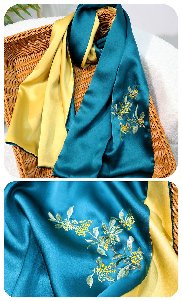 BCHICU Golden Laurel - Peacock Blue Gold 35cm*155cm 100% Silk Long Scarf Fine Hand Embroidery Double Layer 16mm