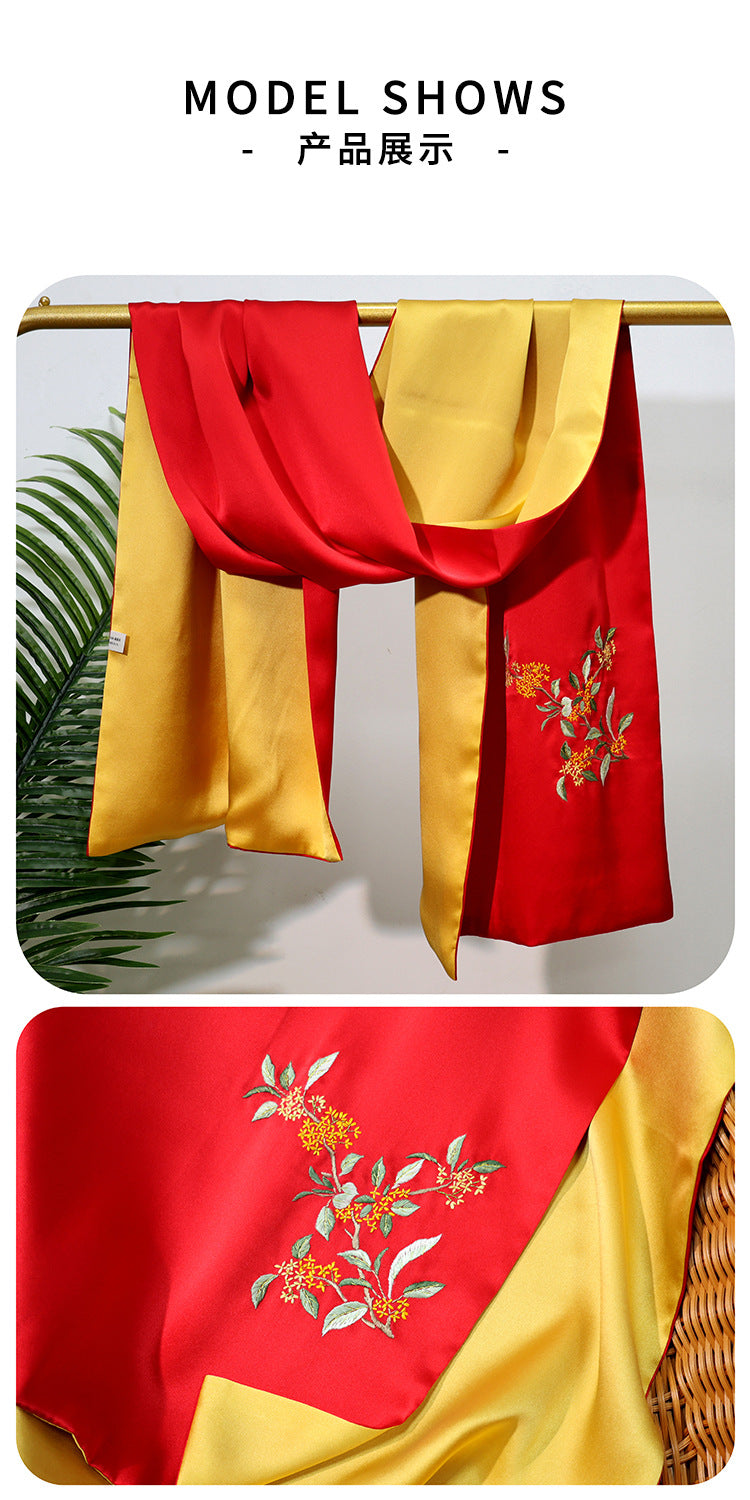 BCHICU Golden Laurel - Red Gold 35cm*155cm 100% Silk Long Scarf Fine Hand Embroidery Double Layer 16mm