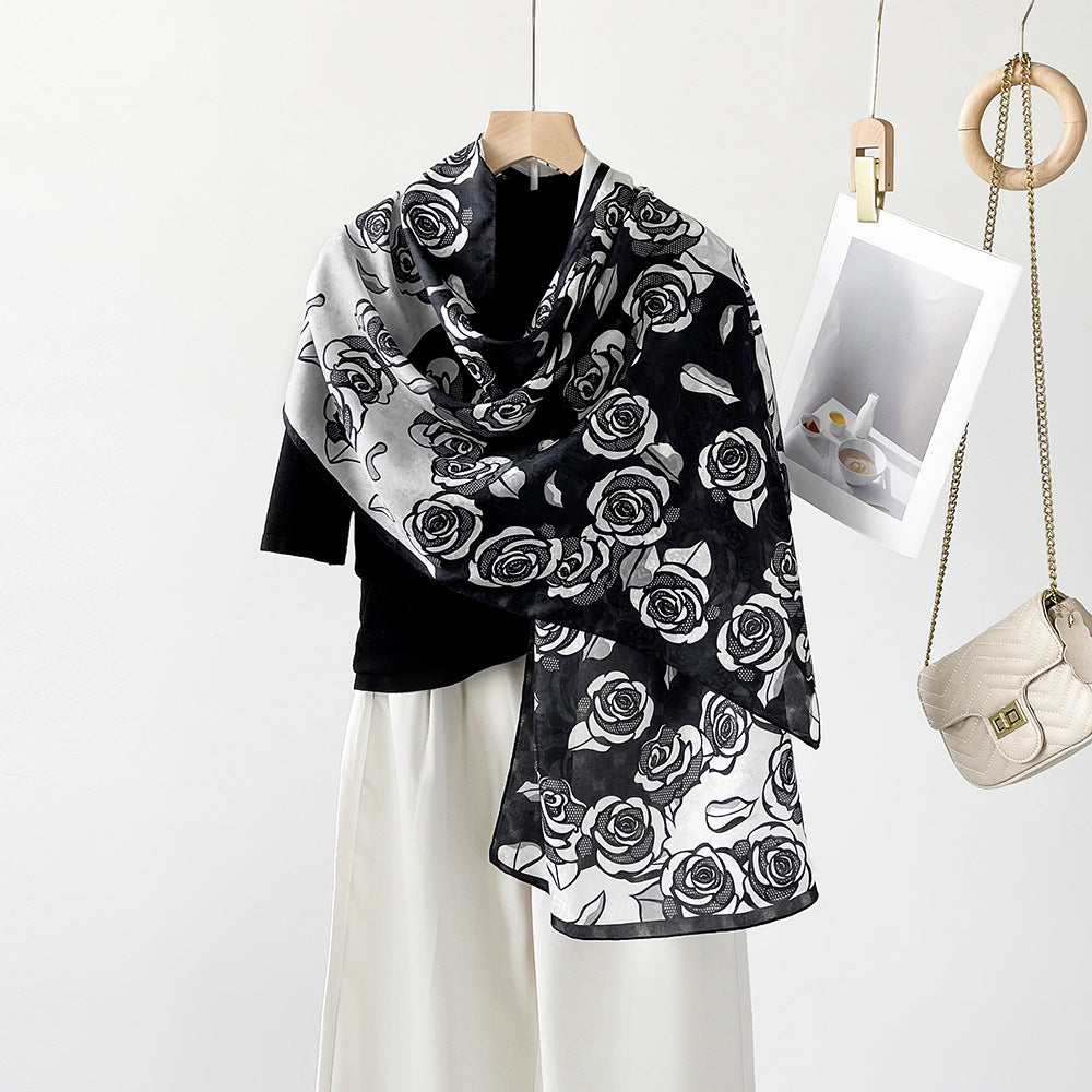BCHICU ZS25-Black And White Rose 55cm*170cm 100% Silk Shawls
