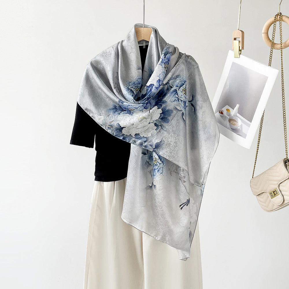 BCHICU ZS25-Peony Blue 55cm*170cm 100% Silk Shawls