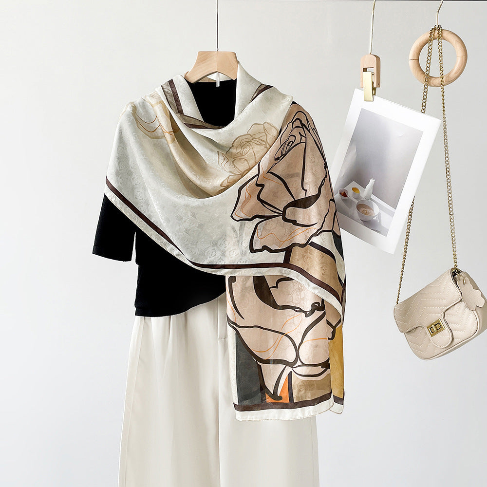 BCHICU ZS25-Edge Rose Khaki 55cm*170cm 100% Silk Shawls