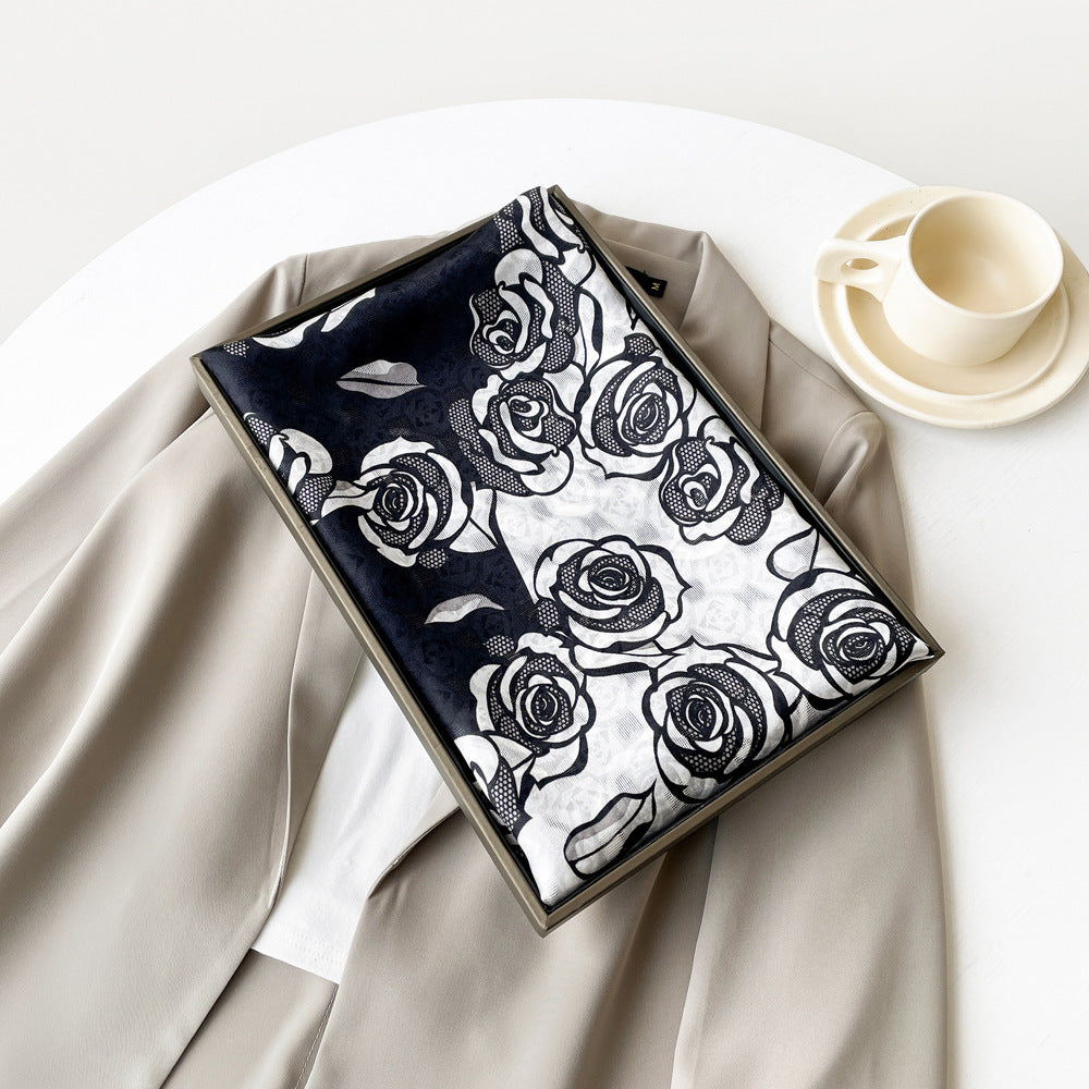 BCHICU ZS25-Black And White Rose 55cm*170cm 100% Silk Shawls