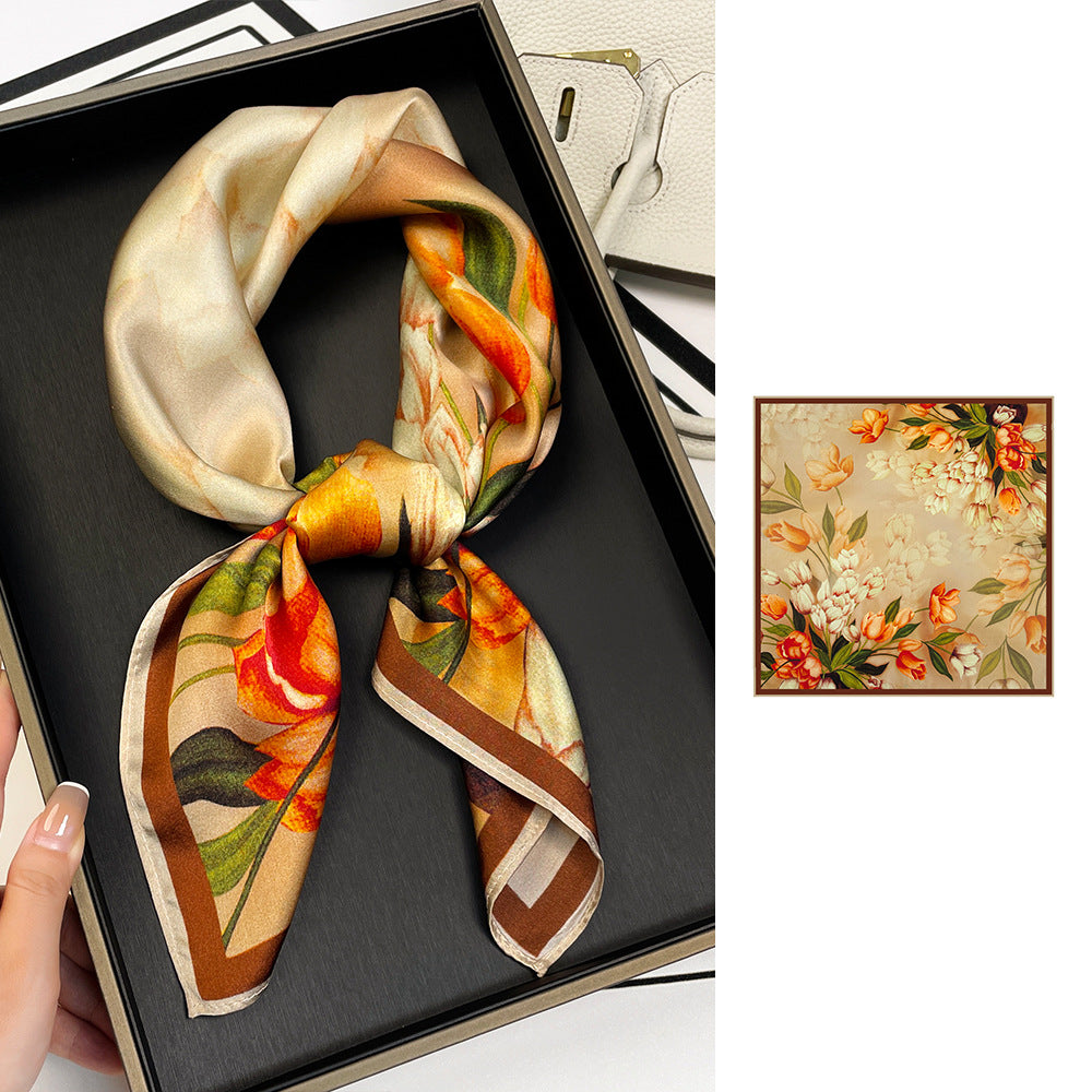 BCHICU ZS7005-Khaki Flower 66cm*66cm 100% Silk Small Square Scarf Small Neckerchief with Suit