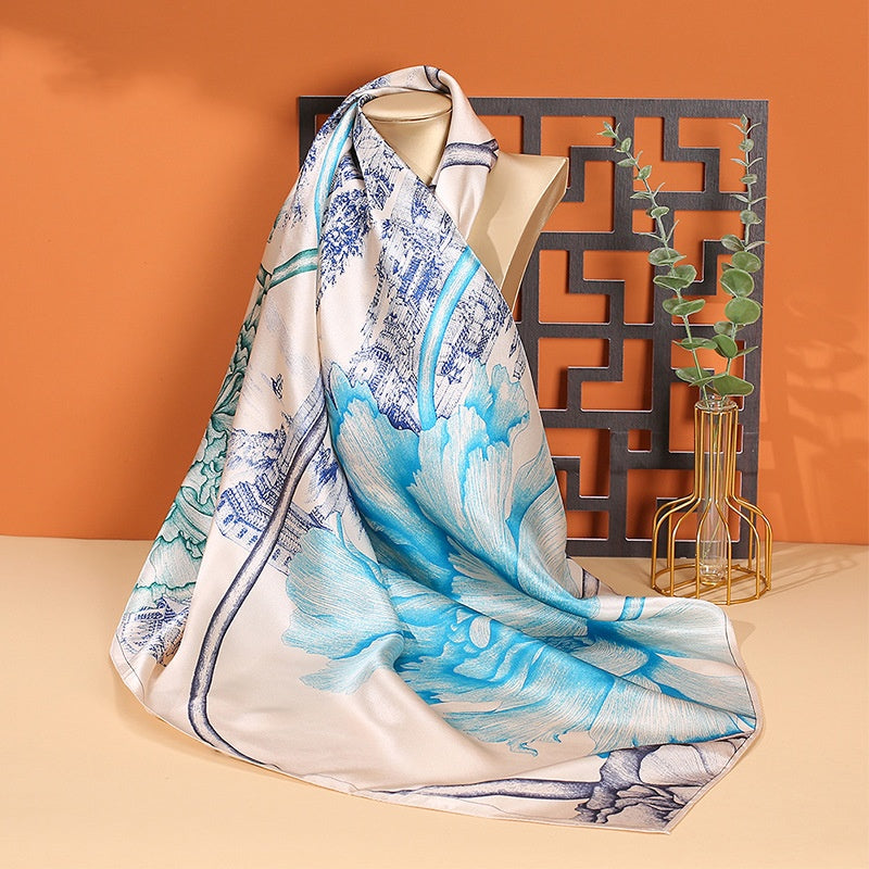 BCHICU Burgundy Blue Lotus 90cm*90cm A Large Square 100% Silk Scarves