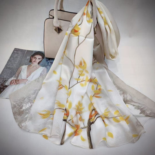 BCHICU Small Yellow Leaf Print On White Backgrounde 55cm*173cm 100% Silk Long Shawls&Scarves