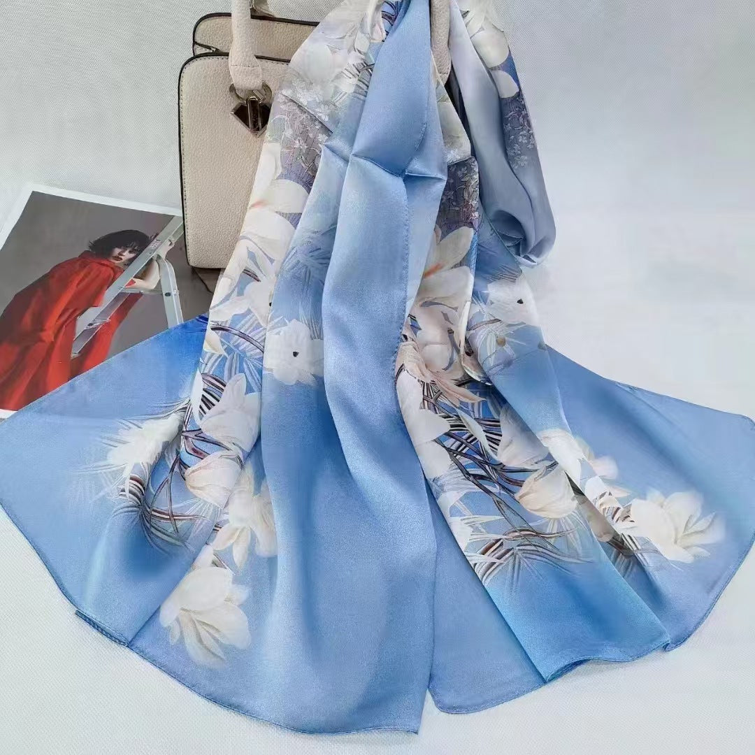 BCHICU Printing Sky Blue and White Flowers 55cm*173cm 100% Silk Long Shawls&Scarves