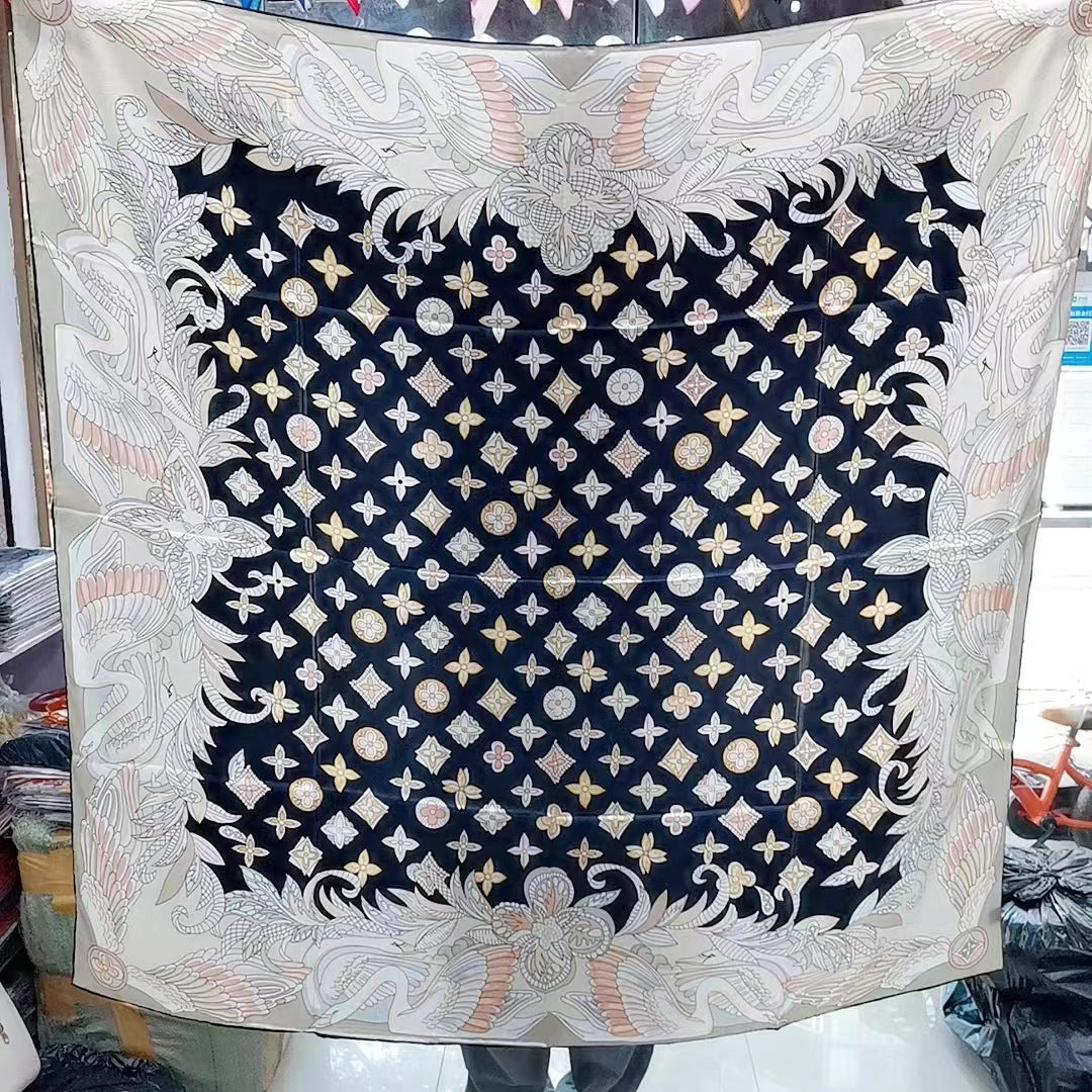 BCHICU Black Center With Silver-Gray Trim 135cm*135cm A Large Square 100% Silk Scarves