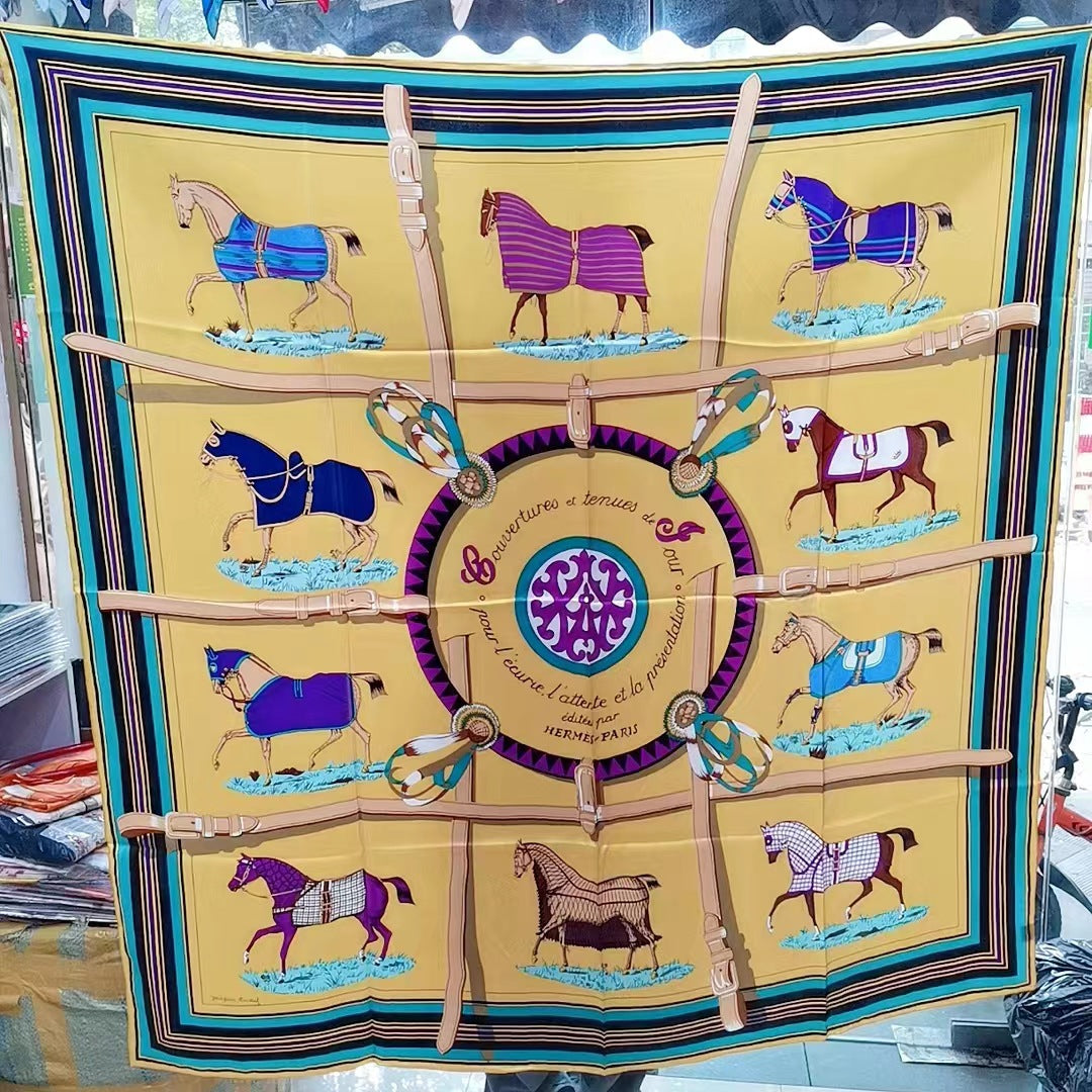 BCHICU Colorful Horse On Ivory Yellow Background 135cm*135cm A Large Square 100% Silk Scarves