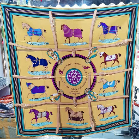 BCHICU Colorful Horse On Ivory Yellow Background 135cm*135cm A Large Square 100% Silk Scarves