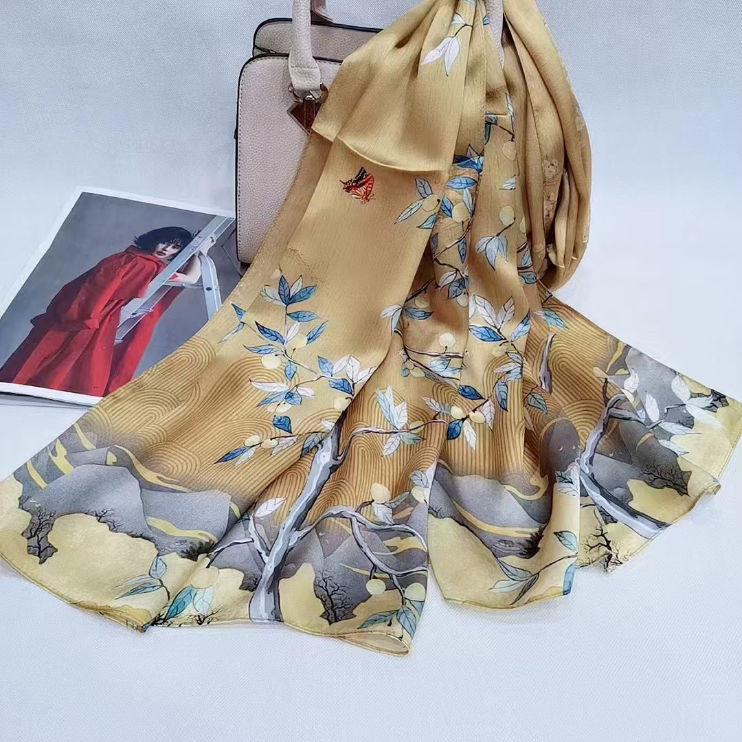 BCHICU Printing Autumn Yellow 55cm*173cm 100% Silk Long Shawls&Scarves