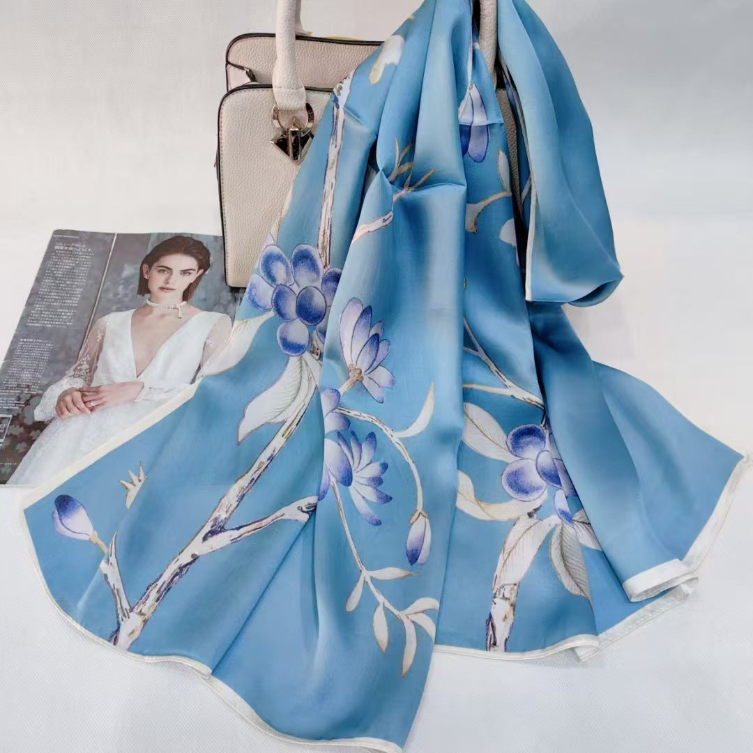 BCHICU Printing Iris blue 55cm*173cm 100% Silk Long Shawls&Scarves