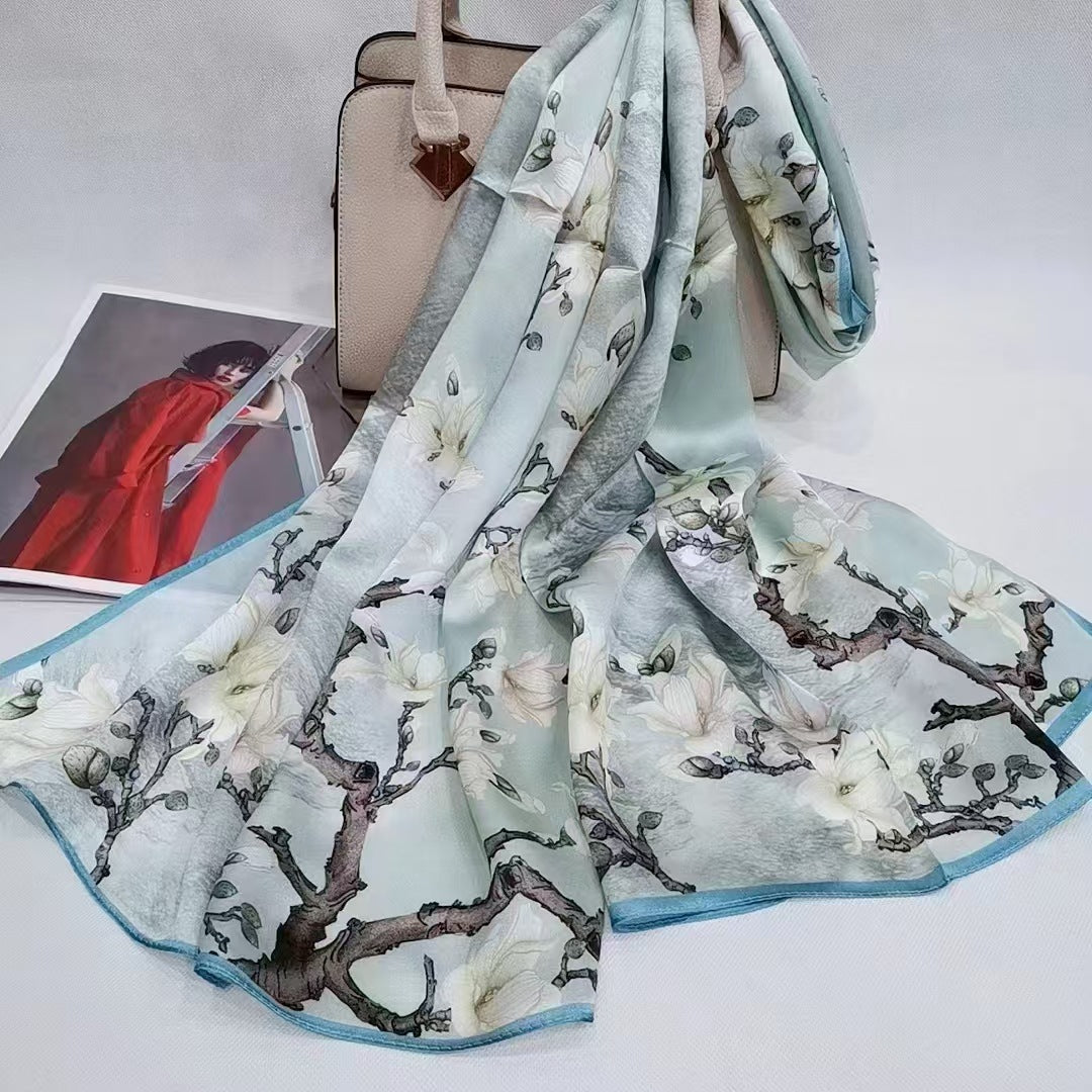 BCHICU Printing Withered White-gray 55cm*173cm 100% Silk Long Shawls&Scarves