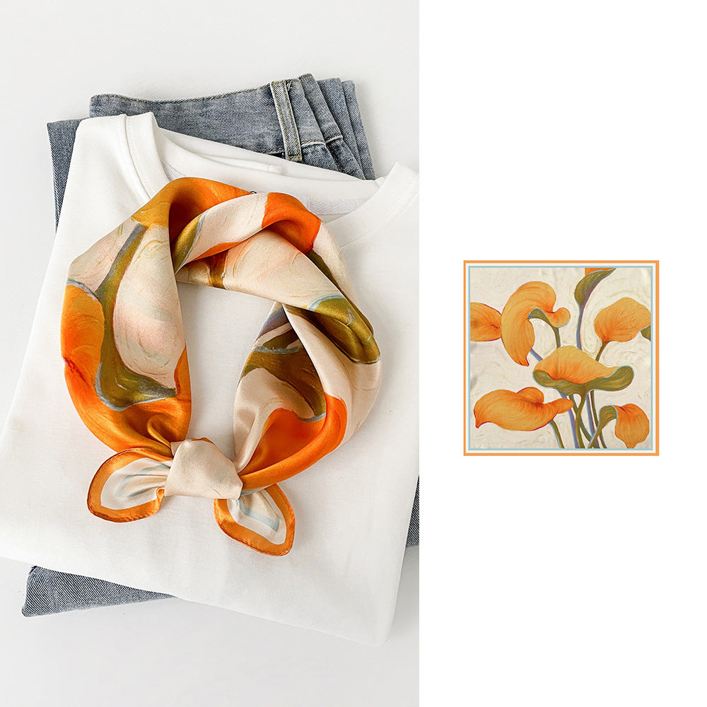 BCHICU Orange Green Flowers 53cm*53cm Print 100% Silk Small Square Silk Scarf Neckerchiefs&Bandana