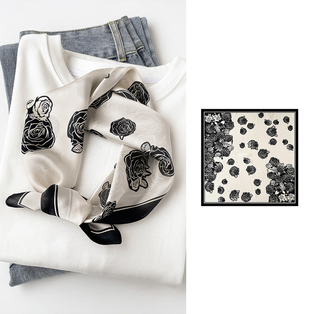 BCHICU Black And White Rose 53cm*53cm Print 100% Small Square Silk Scarf Neckerchiefs&Bandana