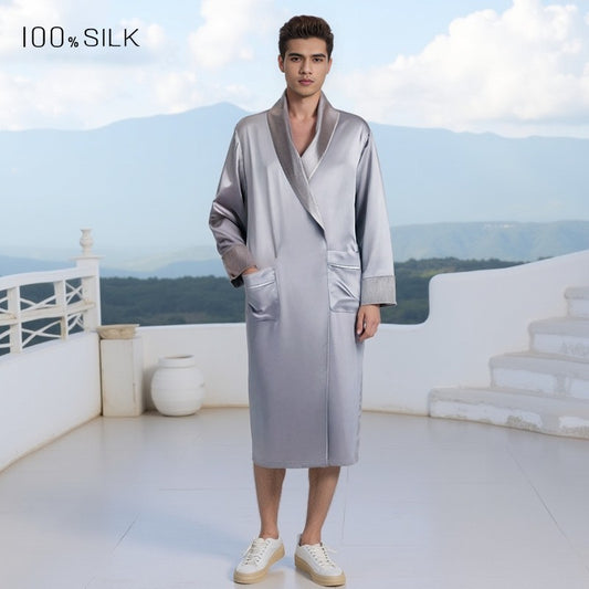 BCHICU Men's 19 mm Heavyweight Double-Layer Silk & Silk-Velvet Robe: 100% Mulberry Silk Luxury Loungewear for Autumn/Winter