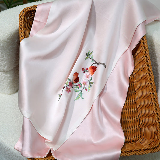 BCHICU Treasure - Light Pink 35cm*155cm 100% Silk Long Scarf Fine Hand Embroidery Double Layer 16mm