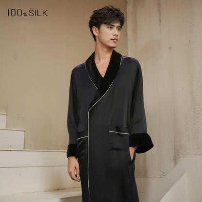 BCHICU Men's 19 mm Heavyweight Double-Layer Silk & Silk-Velvet Robe: 100% Mulberry Silk Luxury Loungewear for Autumn/Winter