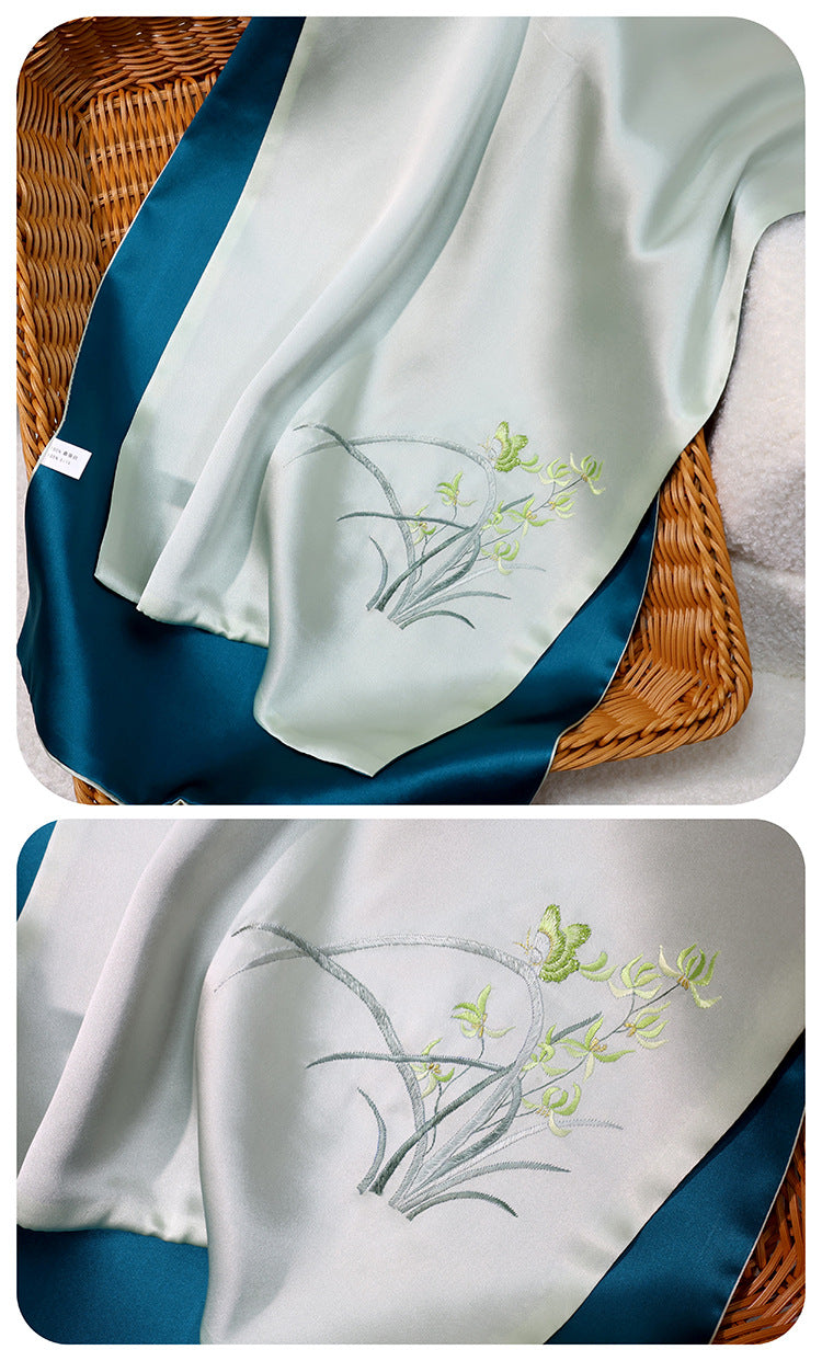 BCHICU Orchid-Green 35cm*155cm 100% Silk Long Scarf Fine Hand Embroidery Double Layer 16mm