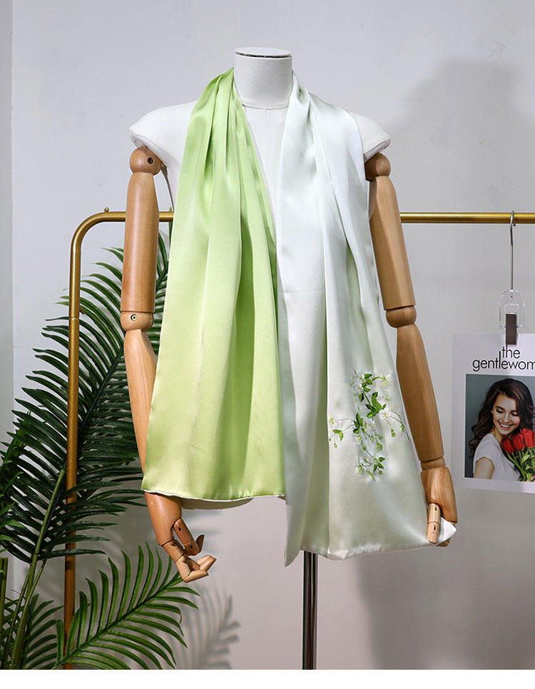 BCHICU Elegant - Fresh Green 35cm*155cm 100% Silk Long Scarf Fine Hand Embroidery Double Layer 16mm