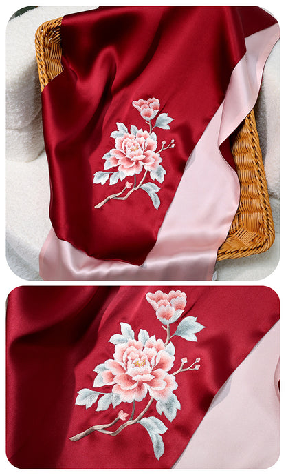 BCHICU Noble - Red and Pink 35cm*155cm 100% Silk Long Scarf Fine Hand Embroidery Double Layer 16mm