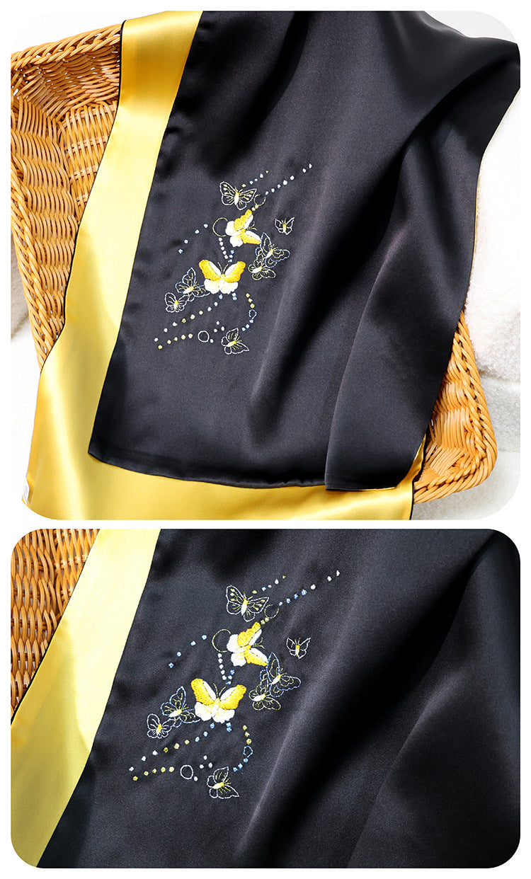 BCHICU Light - Black Gold 35cm*155cm 100% Silk Long Scarf Fine Hand Embroidery Double Layer 16mm