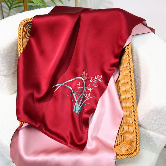 BCHICU Orchid-Red Pink 35cm*155cm 100% Silk Long Scarf Fine Hand Embroidery Double Layer 16mm