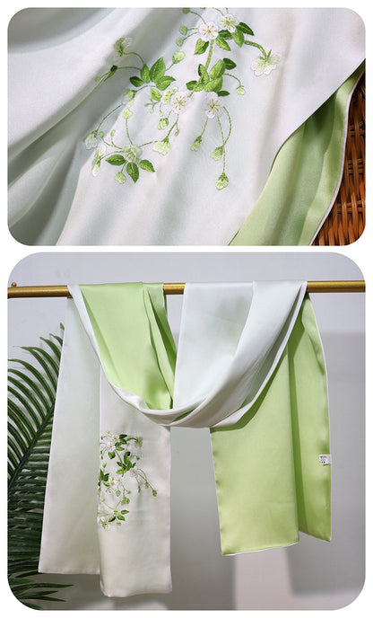 BCHICU Elegant - Fresh Green 35cm*155cm 100% Silk Long Scarf Fine Hand Embroidery Double Layer 16mm