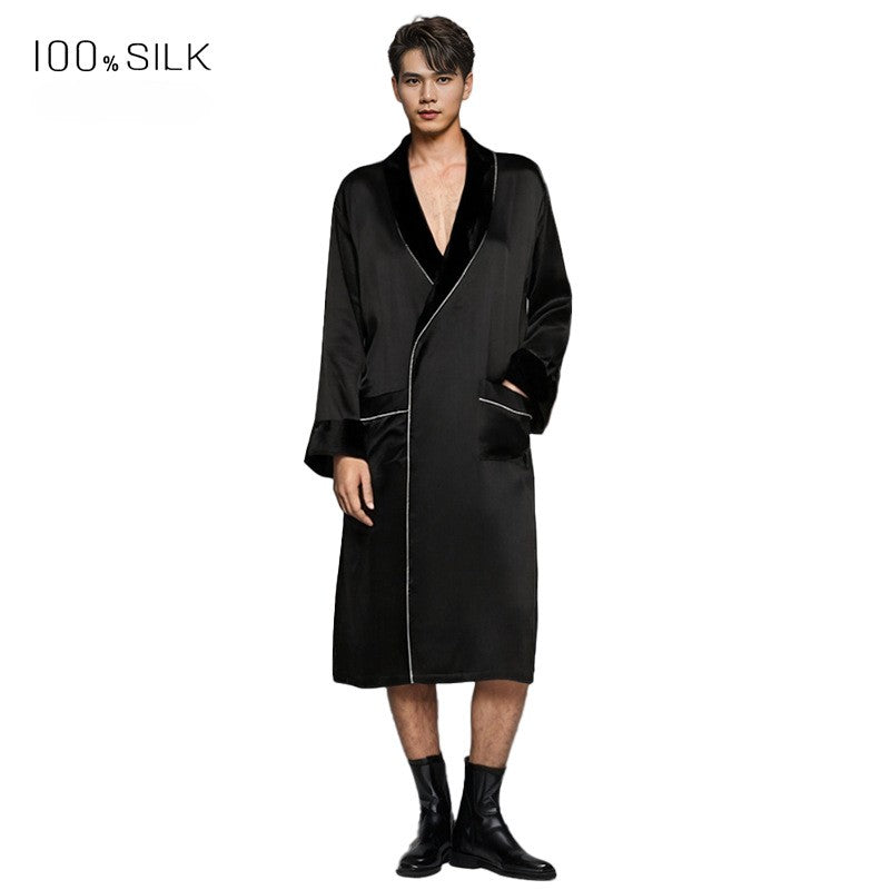 BCHICU Men's 19 mm Heavyweight Double-Layer Silk & Silk-Velvet Robe: 100% Mulberry Silk Luxury Loungewear for Autumn/Winter