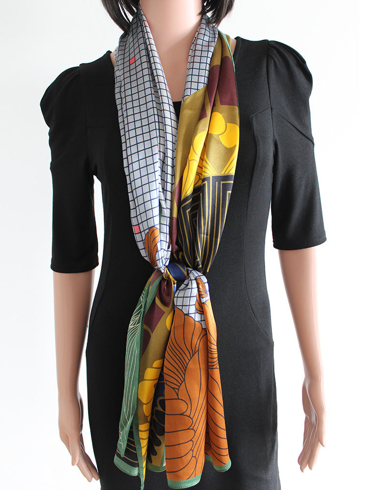 BCHICU Checkered Pattern 55cm*173cm 100% Silk Satin Long Shawls&Scarves