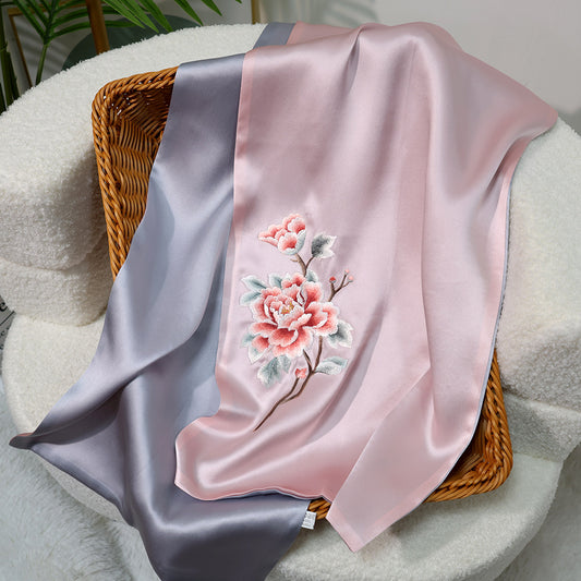 BCHICU Noble - Powder Gray 35cm*155cm 100% Silk Long Scarf Fine Hand Embroidery Double Layer 16mm