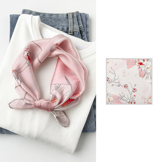 BCHICU Pink Flower 53cm*53cm Print 100% Silk Small Square Silk Scarf Neckerchiefs&Bandana