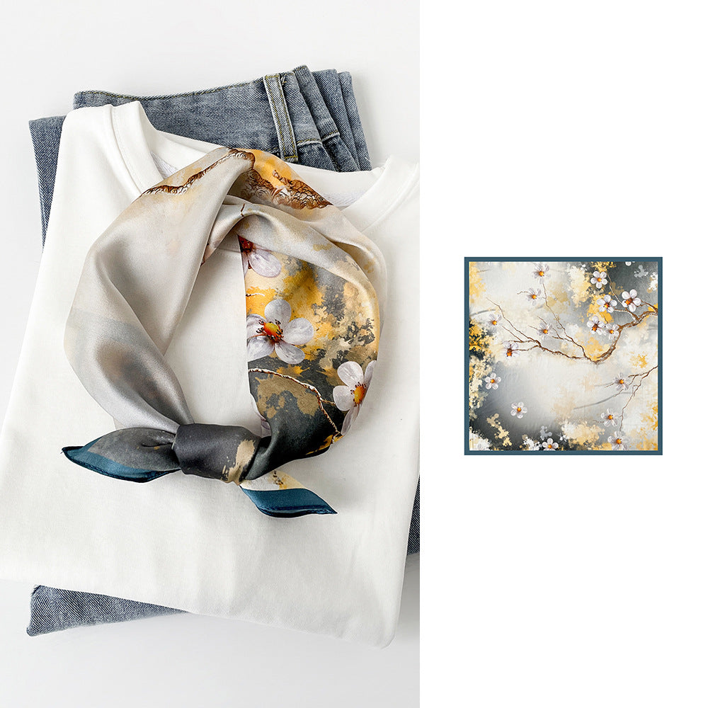 BCHICU Inked Pearl Flower 53cm*53cm Print 100% Silk Small Square Silk Scarf Neckerchiefs&Bandana