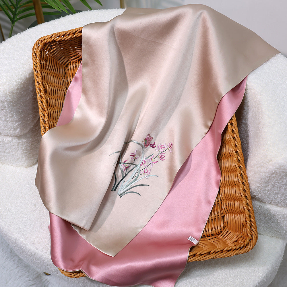 BCHICU Orchid - Champagne Powder 35cm*155cm 100% Silk Long Scarf Fine Hand Embroidery Double Layer 16mm