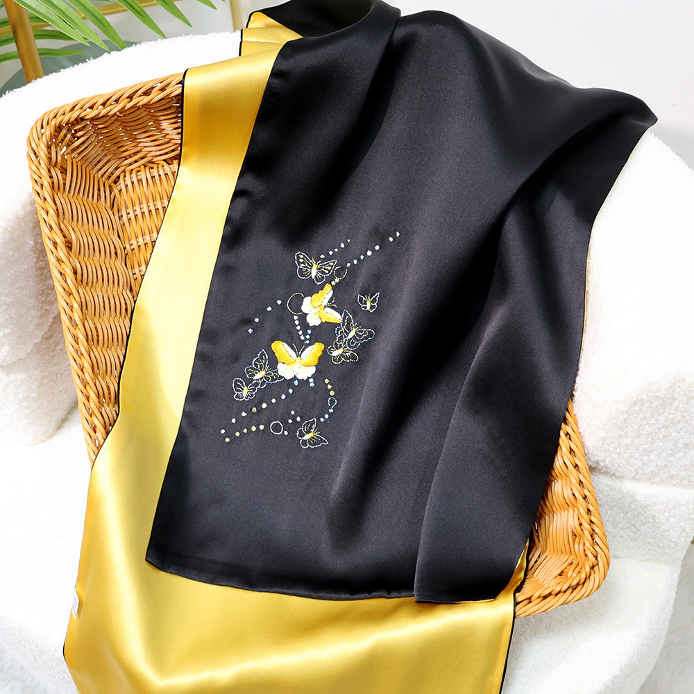 BCHICU Light - Black Gold 35cm*155cm 100% Silk Long Scarf Fine Hand Embroidery Double Layer 16mm