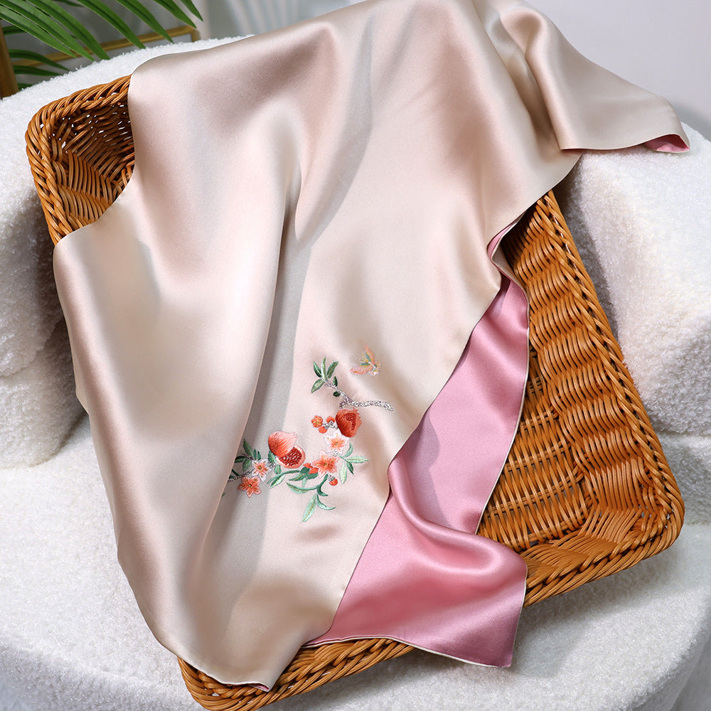 BCHICU CURL - Champagne Powder 35cm*155cm 100% Silk Long Scarf Fine Hand Embroidery Double Layer 16mm