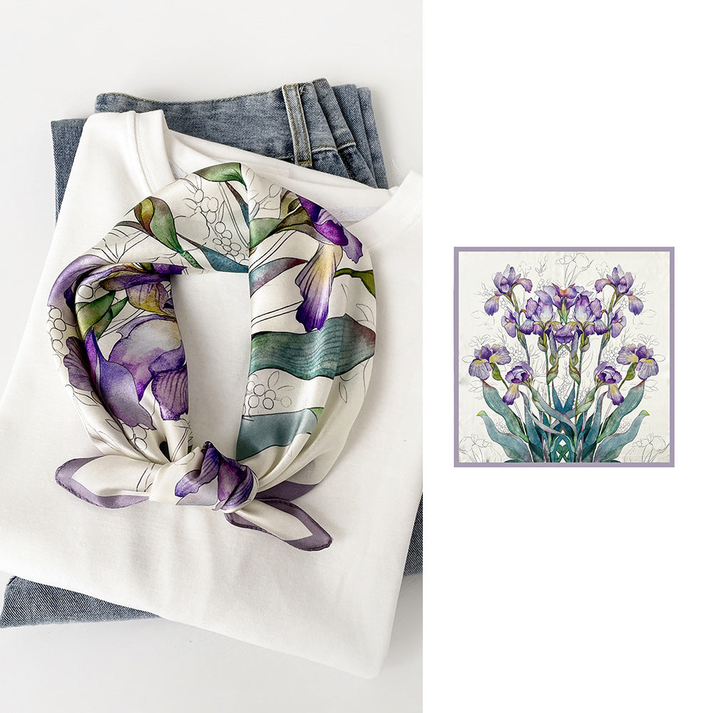 BCHICU White Background With Purple Flowers 53cm*53cm Print 100% Silk Small Square Silk Scarf Neckerchiefs&Bandana