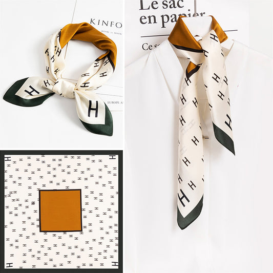 BCHICU Alphabet Brown 65cm*65cm 100% Silk Small Square Scarf Small Neckerchief with Suit