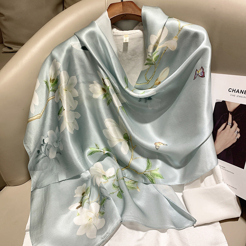 BCHICU Pale Blue With Flowers 55cm*173cm 100% Silk Shawls