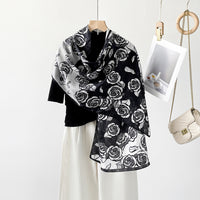 BCHICU ZS25-Black And White Rose 55cm*170cm 100% Silk Shawls