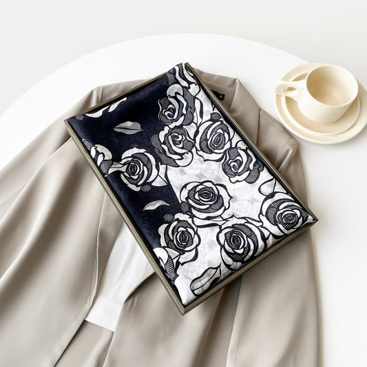 BCHICU ZS25-Black And White Rose 55cm*170cm 100% Silk Shawls