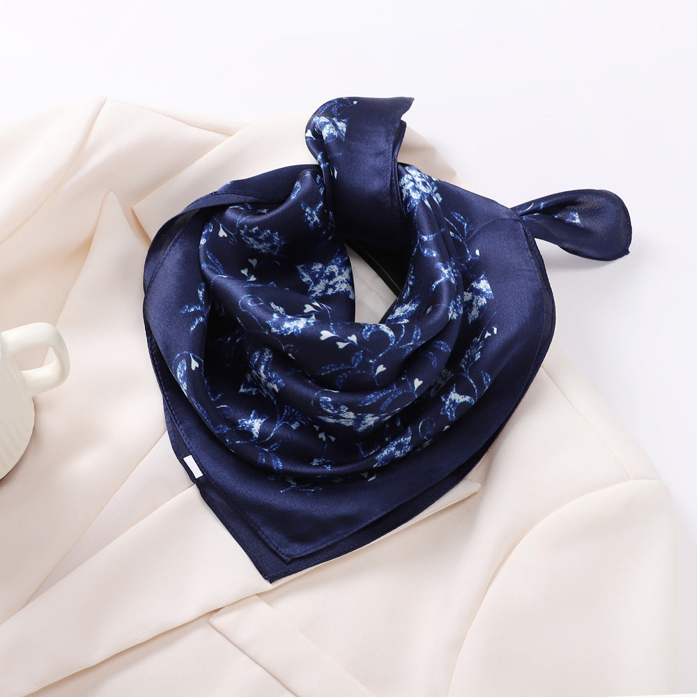 BCHICU Dark Blue Flower Vine 53cm*53cm Print 100% Small Square Silk Scarf Neckerchiefs&Bandana