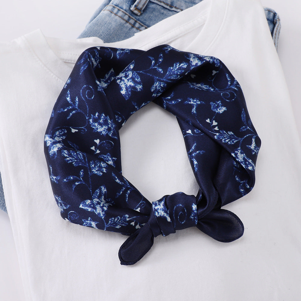 BCHICU Dark Blue Flower Vine 53cm*53cm Print 100% Small Square Silk Scarf Neckerchiefs&Bandana