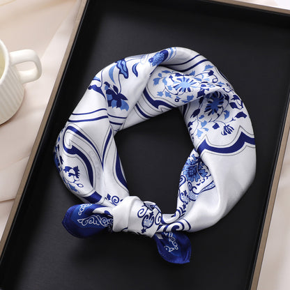 BCHICU White Background With Blue Flowers 53cm*53cm Print 100% Small Square Silk Scarf Neckerchiefs&Bandana