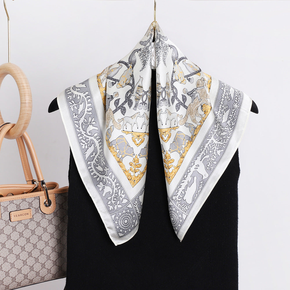 BCHICU White Trimmed Gray And Gold Flowers 53cm*53cm Print 100% Small Square Silk Scarf Neckerchiefs&Bandana