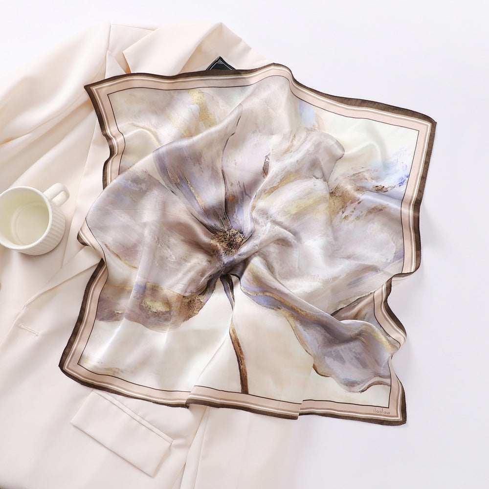 BCHICU A Silver-Gray Flower 53cm*53cm Print 100% Small Square Silk Scarf Neckerchiefs&Bandana