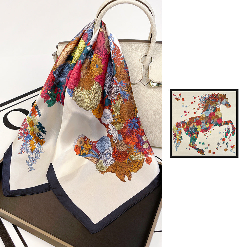 BCHICU ZS7010-Flower Horse 66cm*66cm 100% Silk Small Square Scarf Small Neckerchief with Suit