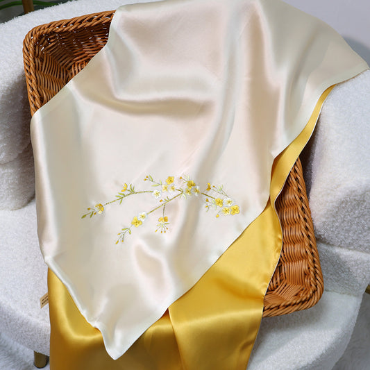 BCHICU Ragged-Tender Yellow 35cm*155cm 100% Silk Long Scarf Fine Hand Embroidery Double Layer 16mm