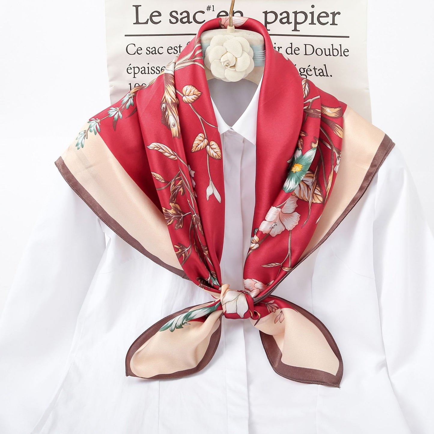 BCHICU Red apricots and flowers  90cm*90cm A Large Square 100% Silk Scarves